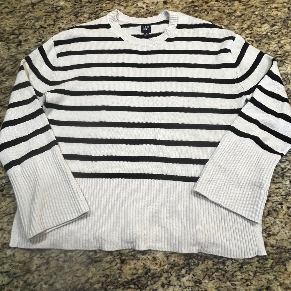 Gap Womens Small Tall Striped Crewneck Sweater White Black Ribbed Long Sleeve